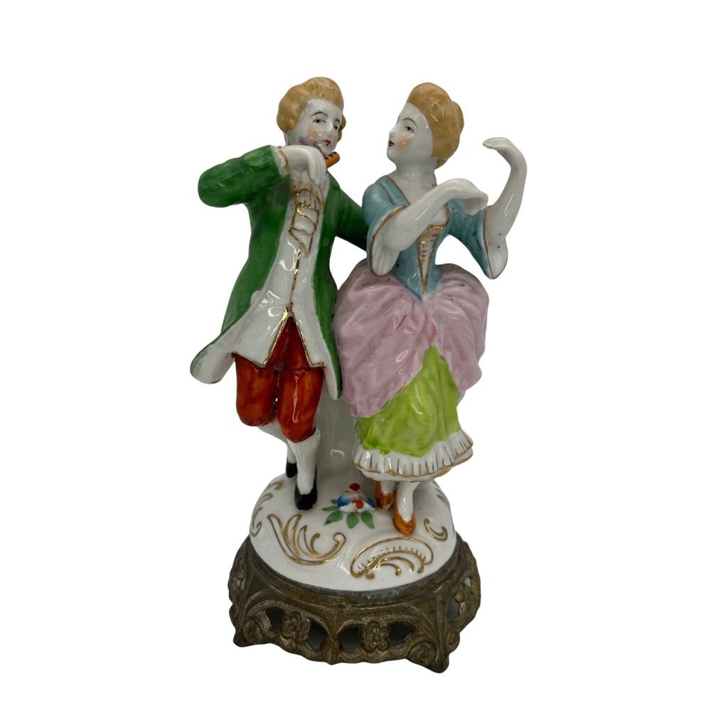 Vintage Porcelain Victorian Dancing Couple Figurine on Brass Base 7" Tall